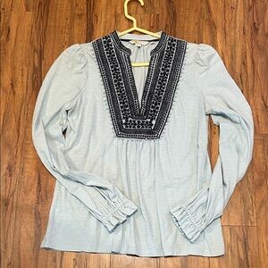 Boden Light Blue Blouse with Black Embroidery
